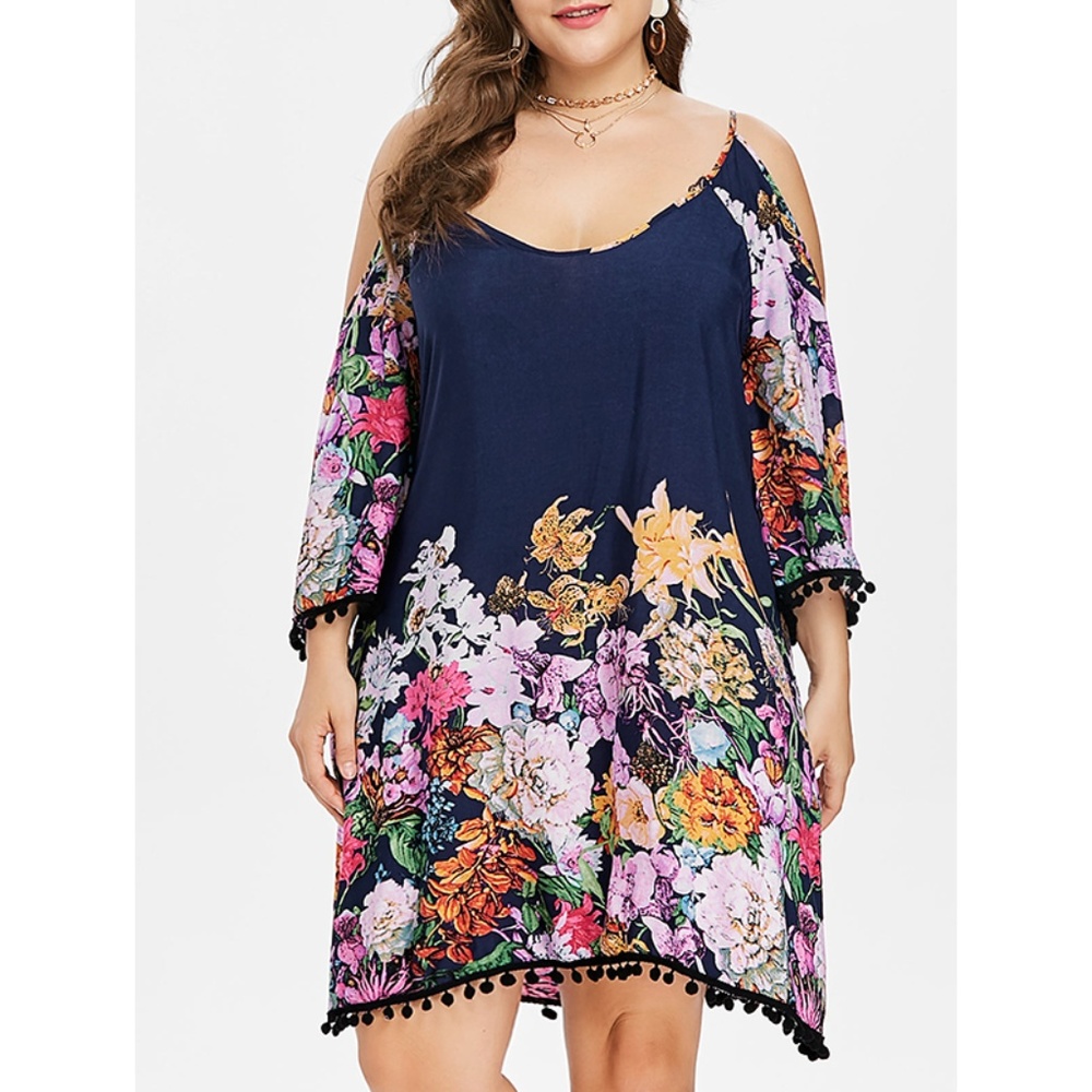 Plus Size Floral Cold Shoulder Dress - Slate Blue